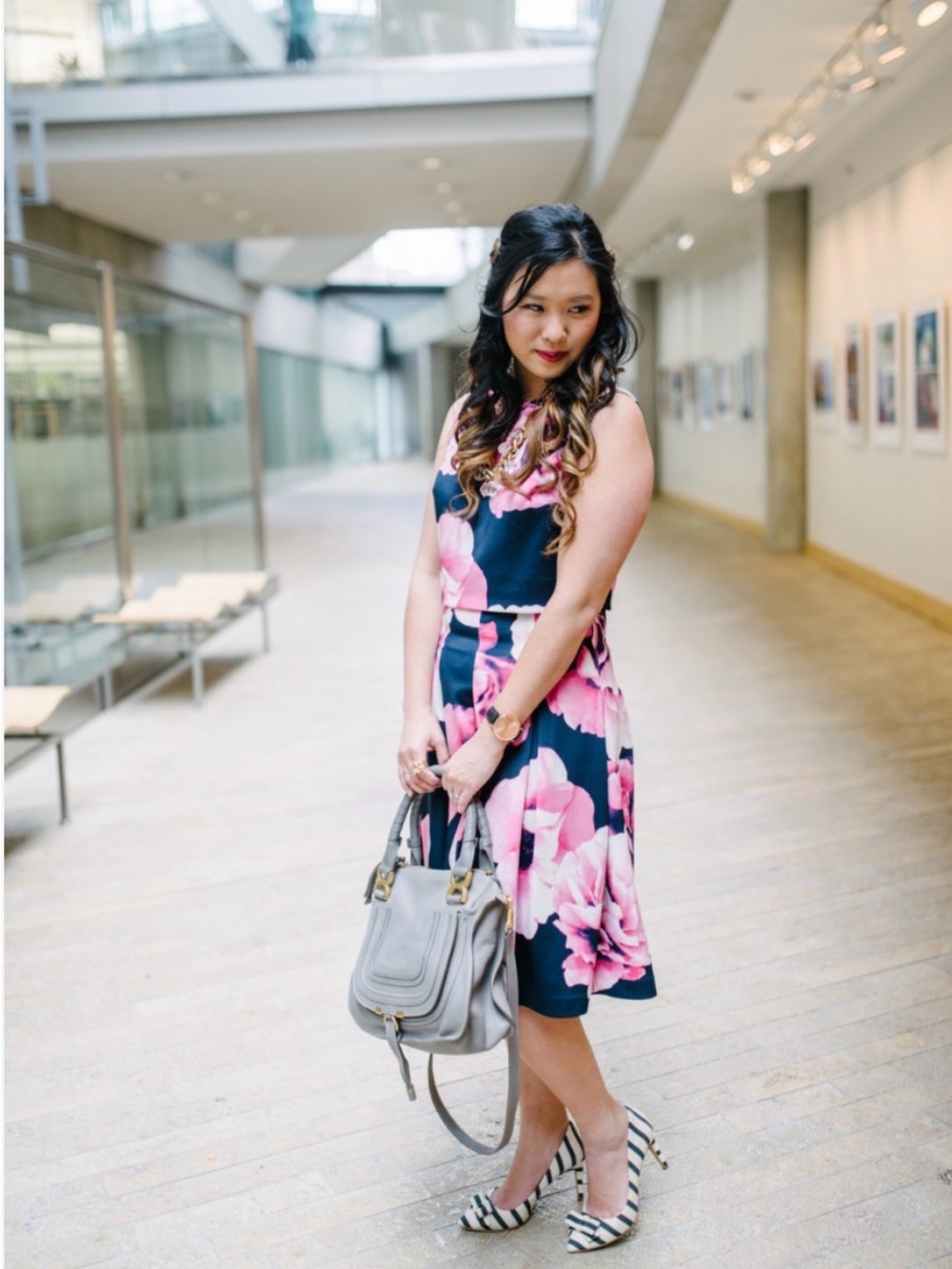 Floral Fit-and-Flare Dress in Navy and Pink (Top 4, Skirt 6)
